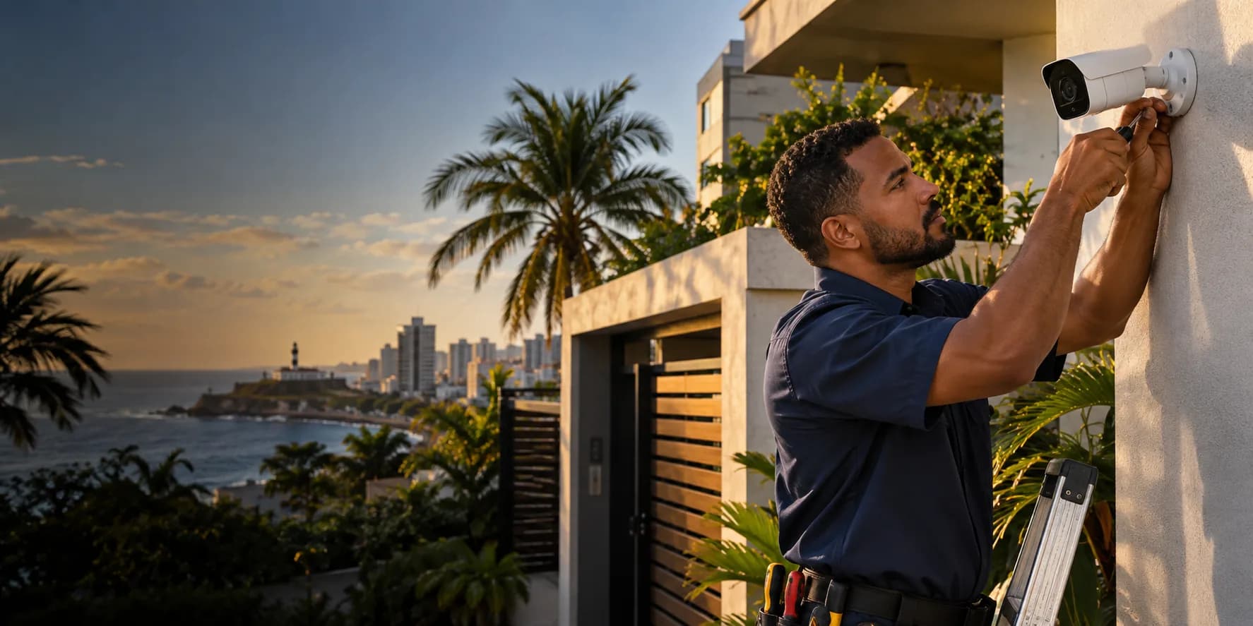 Técnico instalando câmera de segurança em uma residência